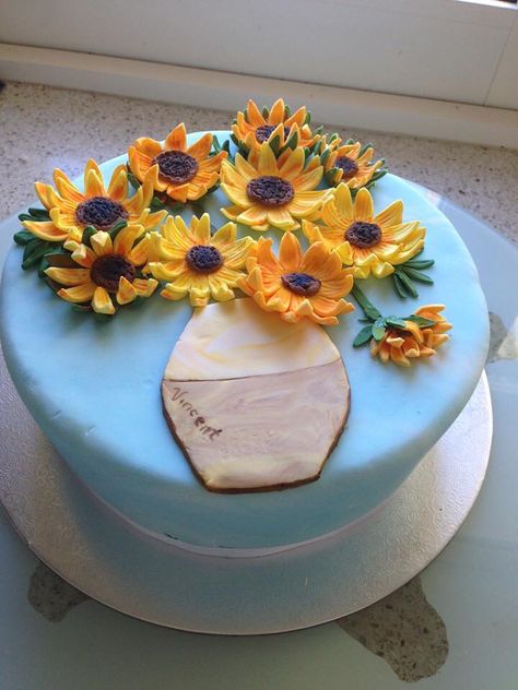 sunflower cake inspired by Vincent Van Gogh. I made the blue to be marbled, but it can't be seen very well in this pic. Van Gogh Cake Birthday, Bolo Van Gogh, Van Gogh Cake, Gogh Cake, Tulip Cake, Sunflower Cake, Birthday Cake For Mom, Elegant Birthday Cakes, Cheesecake Cupcakes