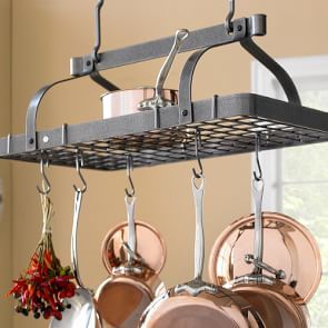 Enclume Double Dutch Crown Ceiling Pot Rack, Hammered Steel | Williams Sonoma Pot Rack Kitchen, Pan Hanger, Pot Racks, Kitchen Hooks, Wrought Iron Decor, Pot Rack Hanging, Pan Rack, Double Dutch, Pot Hanger