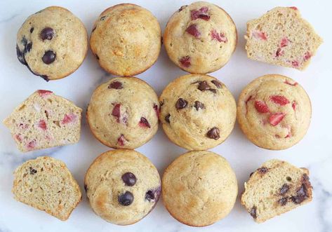 yogurt-muffins-in-flavors-on-countertop Basic Muffin Recipe, Yogurt Muffins, Applesauce Muffins, Lemon Blueberry Muffins, Healthy Muffin Recipes, Healthy Chocolate Chip, Toddler Food, Baby Eating, Healthy Muffins