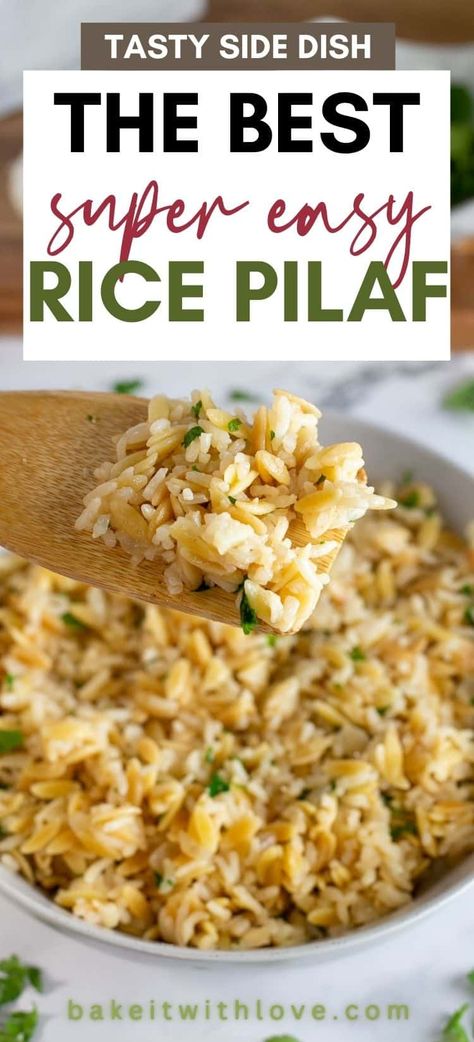 Best rice pilaf recipe pin with closeup image of the cooked rice pilaf on spatula and text header box. How To Make Rice Pilaf, Easy Rice Pilaf Recipe, Orzo Rice Pilaf, Long Grain White Rice Recipes, Orzo Rice Recipes, Rice To Go With Fish, Rice Side Dishes For Chicken, Rice Pilaf Recipe Easy, Best Rice Pilaf