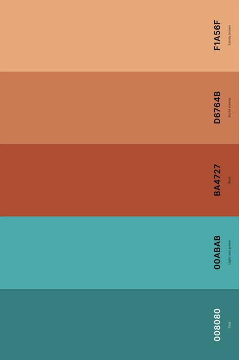 1. Teal And Terracotta Color Palette Color Palette with Teal (Hex #008080) + Light Sea Green (Hex #00ABAB) + Rust (Hex #BA4727) + Burnt Sienna (Hex #D6764B) + Sandy Brown (Hex #F1A56F) Color Palette with Hex Codes Teal Complementary Colors, Rust And Turquoise Color Scheme, Turquoise Terracotta Color Schemes, Turquoise Terracotta, Teal Orange Gold Color Palette, Burnt Orange Light Blue Color Palette, Teal Terracotta Color Palettes, Western Color Palette Southwestern Style, Dark Terracotta Color Palette