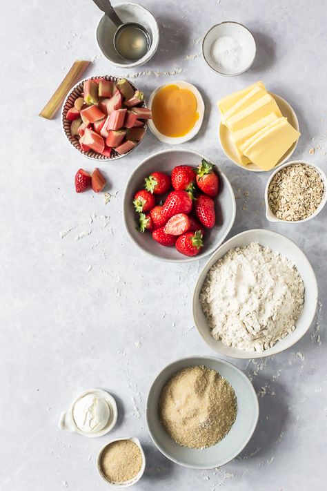 Strawberry Rhubarb Crumble Bars - Emma Duckworth Bakes Choco Recipes, Rhubarb Crumble Bars, Strawberry Rhubarb Crumble, Ingredients Photography, Food Photography Dessert, Strawberry Shortcakes, Rhubarb Crumble, Dessert Photography, Crumble Bars