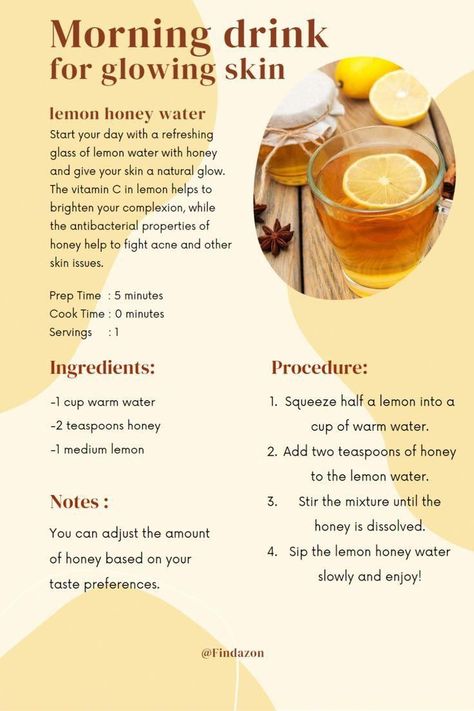 #HealthyHabits#FitLifeTips#SlimDownStrategies#NutritionNudge#WellnessJourney#MindfulEating#FitnessGoals#GetLean#ShapeUp#CalorieControl#ExerciseEveryday#HealthyEatingHabits#WeightLossJourney#BurnFat#StayActive#PortionControl#WorkoutMotivation#EatClean#FitInspiration#TransformationTuesday Morning Drink Recipes, Glowing Skin Juice, Coffee Alternative Healthy, Foods For Clear Skin, Skin Drinks, Healthier Alternatives, Honey Water, Clear Healthy Skin, Healthy Morning Routine