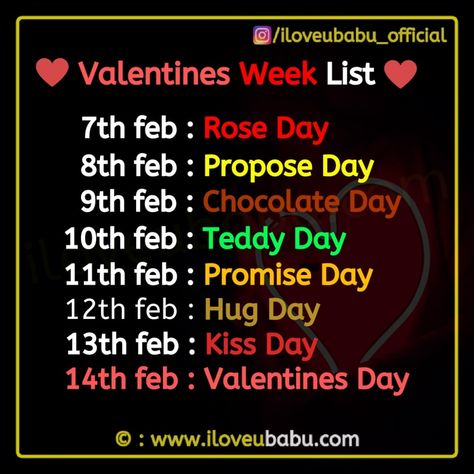 A Celebration Of Valentines Week List 2020 Start 7th Feb On Rose Day, Propose Day, Chocolate Day, Teddy Day, Kiss day & Beautiful End with Valentine's day.  #valentinesday #images #shayari #2020 #quotes Day List Valentines, Feb Valentines Day List, Feb Days Name, Rose Day Propose Day List, Valentines Day Week List, Feb Day List, Roses Day Quotes, Feb Days 2024, Days Of Valentine Week