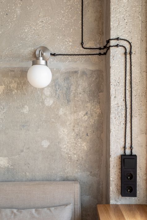 Apartment with concrete ceilings 42 sq.m. :: Behance Concrete Wall Interior, Concrete Walls Interior, Concrete Bedroom, Concrete Apartment, Concrete Room, Concrete Interiors, Concrete Ceiling, Loft Lighting, Arch Interior