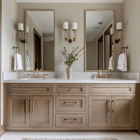 Large Mirror Over Vanity, Transitional Bathrooms Designs, Bathroom Two Vanities, Modern Master Bath Design Ideas, Master Baths Luxury, Diy Master Bath Remodel, Light Master Bath, Large Bathroom Mirror Ideas, Vanity With Large Mirror