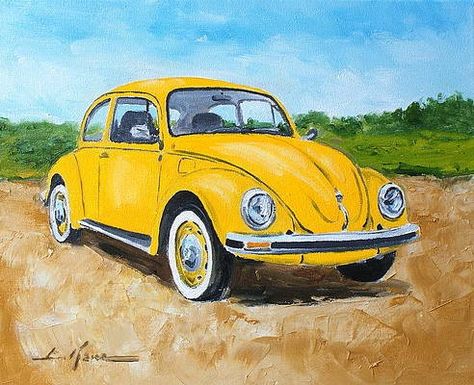 Transportation Art, Vw Art, Realistic Paintings, Painting Studio, Beginner Painting, Vw Bug, Vw Beetle, Painting Art Projects, Seascape Paintings