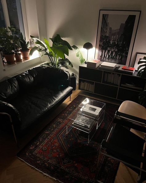 Dark Brown Apartment Aesthetic, Room Black Aesthetic, Dark Apartment Decor, Bedroom Inspo Dark, Dark Living Room Aesthetic, Dark Home Aesthetic, Dark Apartment, Black Room Aesthetic, Have A Wonderful Evening