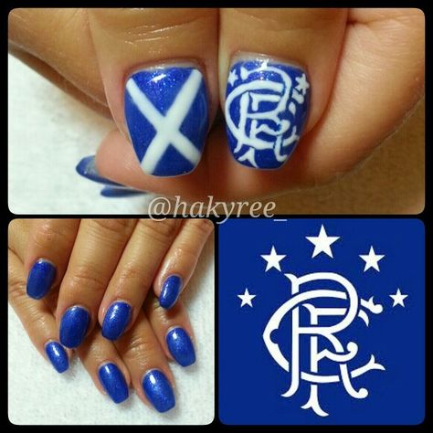 Scottish Pride! Royal Blue with hand painted Glasgow Rangers football club logo and Scottish Flag on the thumbs in memory of her father ♥ sculpted squaletto gel nails set ♥ Follow me on Instagram @hakyree_ Scottish Nails, Gel Nail Art Ideas, Football Nail Art, Glasgow Rangers Football, Football Nails, Scottish Pride, Football Club Logo, Wedding Nail Ideas, Scottish Flag