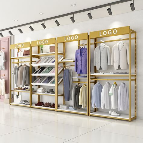 Small Boutique Ideas, Lingerie Store Design, Clothing Rack Display, Clothes Shelves, Gold Clothing, Clothing Store Displays, Clothing Display, Clothing Store Interior, Clothing Store Design