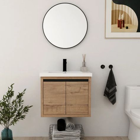 Ebern Designs Zeng 24'' Wall Mounted Single Bathroom Vanity with Resin Vanity Top | Wayfair Bathroom Cabinet With Sink, Vanity With Storage, Cabinet With Sink, 24 Inch Bathroom Vanity, Oak Bathroom Vanity, Oak Bathroom, Basin Design, Floating Bathroom Vanity, Floating Vanity