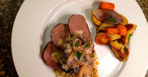 Moose Tenderloin with Mushroom Cream Sauce Cream Of Mushroom Crockpot, Mushroom Crockpot, Moose Recipes, Moose Meat, Tenderloin Marinade, Mushroom Cream Sauce, Roasted Root Veggies, Moose Meat Recipes, Turkey Tenderloin