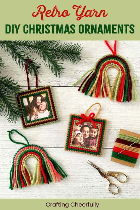 Use yarn to create two fun and retro plastic canvas ornaments for Christmas including a playful rainbow ornament and keepsake frame ornament! Yarn Christmas Ornaments, Easy Homemade Christmas Ornaments, Christmas Frames Diy, Fun Diy Ideas, Homemade Frames, Yarns Ornaments, Canvas Ornaments, Rainbow Ornaments, Picture Frame Ornaments