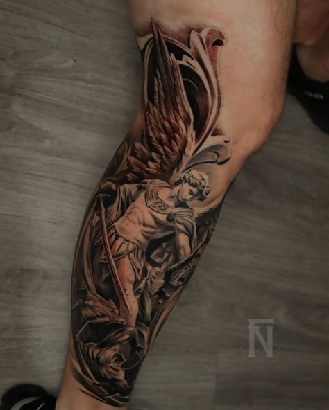 Classic St. Michael tattoo. This leg sleeve is in progress and I can’t wait to see it finished ☠️ #realistictattoo #statuetattoo #sleevetattoo #realismtattoo #explorepage Angel Tattoo Men Leg, St Gabriel Tattoo, Angel Tattoo Leg, Saint Michael Tattoo Sleeve, Michael Archangel Tattoo, Heaven And Hell Tattoo, Saint Michael Tattoo Design, St Michael The Archangel Tattoo, Jesus Tattoo On Arm