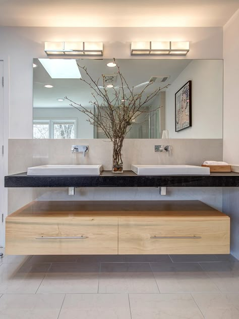 The clean lines of this sophisticated floating vanity are just what the homeowner desired for his sleek, modern bathroom. Top Bathroom Design, Sleek Bathroom, Bad Inspiration, Floating Vanity, Trendy Bathroom, Modern Bathroom Vanity, Contemporary Bathroom, Modern Bathroom Design, Amazing Bathrooms