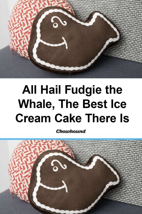 Fudgie is a whale-shaped frozen cake composed of several layers. There’s a base of vanilla ice cream, topped with a generous band of chocolate cookie crumbs (known as “chocolate crunchies” in official Carvel parlance), which in turn is topped with chocolate ice cream, which is covered in a glossy fudge icing with frozen whipped cream frosting piped thickly around the border. Frozen Whipped Cream, Chocolate Crunchies, Best Ice Cream Cake, Fudge Icing, Baking Science, Whipped Cream Frosting, Best Cake, Frozen Cake, Best Ice Cream