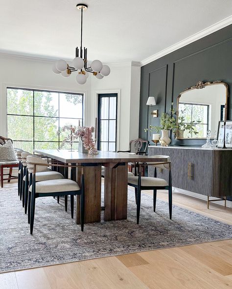 The Smitten Collective | Dining Room Long Wood Dining Table, Modern Vintage Dining Room, Dark Accent Wall, Moody Dining Room, Dining Room Inspo, Dark Wood Dining Table, Moody Modern, Dark Dining Room, Linen Dining Chairs