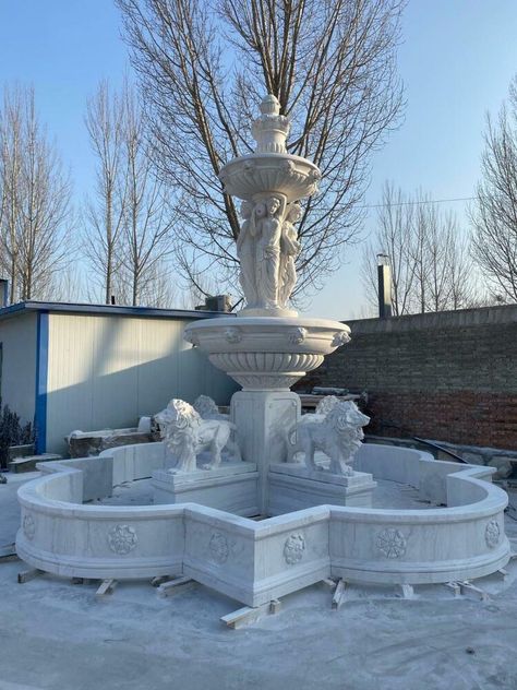 BEAUTIFUL CARVED LION MARBLE ESTATE FOUNTAIN - JX1000 #fromeuropetoyou #ArtNouveauBaroqueRococo Lion Water Fountain, French Fountain Garden, Rectangular Fountain, Fontaine Aesthetic, Estate Fountain, Baroque Fountain, Ship Wheel Decor, Event Building, Patio Table Plans