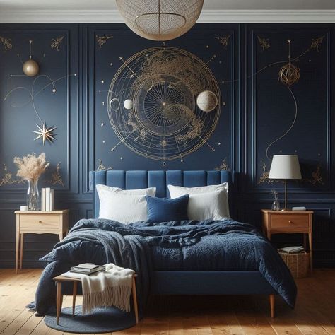 15 Navy Blue Bedroom Ideas for a Stylish Retreat Navy Blue And Gold Wallpaper Bedroom, Bedroom Ideas Blue Headboard, Navy Green Bedroom, Navy Blue Girls Bedroom, Blue Velvet Bedroom Ideas, Ravenclaw Dorm Room, Dark Blue And Gold Bedroom, Teal Blue Bedroom, Ravenclaw Bedroom