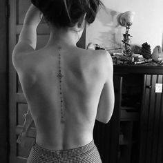 Ladies Spine Tattoo Beautiful, Buddha Spine Tattoo, Decorative Spine Tattoo, Spine Tattoos To Cover Scar, Nordic Spine Tattoos For Women, Morse Code Spine Tattoo, Spine Tattoo Mandala, Back Line Tattoo Women, Virgo Spine Tattoo