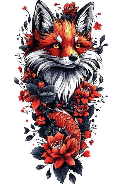 Fox Tattoos, Rooster Tattoo, Fox Tattoo, Floral Illustration, Red Fox, Floral Illustrations, Tatting, Rooster, Graphic Resources