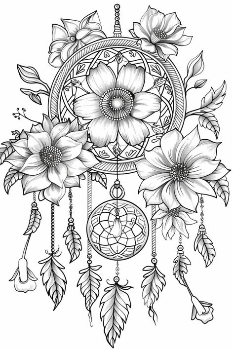 Embrace the spiritual beauty of this coloring page featuring a dreamcatcher adorned with intricate flowers. Perfect for adults seeking relaxation and creative expression, this design invites you to add vibrant colors to the delicate details and soothing motifs. Download, print, and enjoy a calming coloring session as you bring this enchanting artwork to life! #Dreamcatcher #Flowers #AdultColoringPage #PrintableColoring #Mindfulness #DIYArt Spiritual Colouring Pages, Spiritual Coloring Pages, Dream Catcher Coloring Pages, Mandala Colouring Pages, Tattoo Coloring Book, Spiritual Beauty, Coloring Pages For Grown Ups, Witch Coloring Pages, Adult Coloring Books Printables