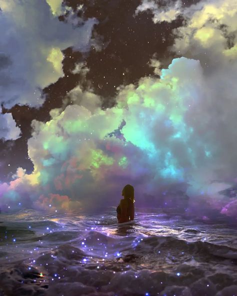 Sky Goddess Aesthetic, Dream Aesthetic Art, Pisces Moon Aesthetic, Surreal Clouds, Cosmic Clouds, Dreamlike Art, Daydream Art, Ethereal Clouds, Moon Universe