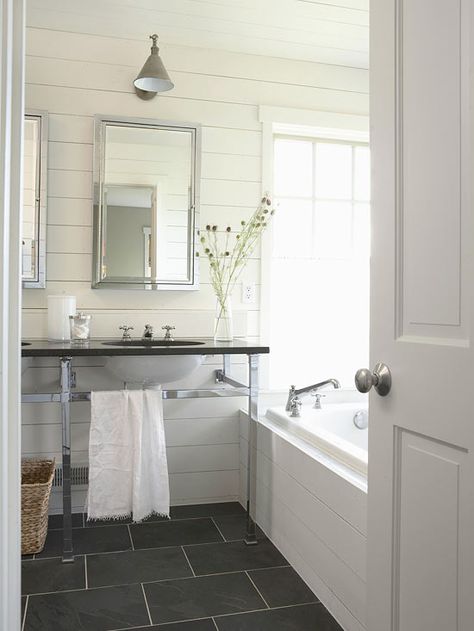 cottage modern bathroom Slate Bathroom Floor, Slate Bathroom, Country Bathroom Designs, Cottage Style Bathrooms, Cottage Bathroom Ideas, Cottage Modern, Cottage Bathroom, Country Bathroom, Style Cottage