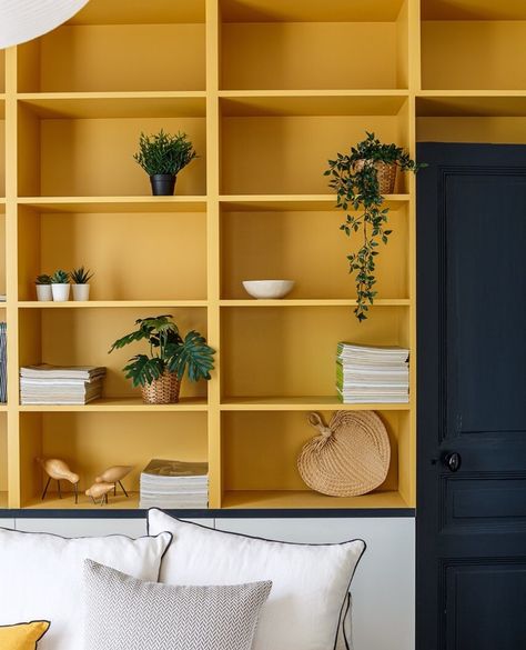 Yellow Built In Bookcase, Mustard Bookcase, Yellow Bookcase, Yellow Bookshelves, Yellow Shelf, Billy Hack, Ikea Billy Hack, Mustard Yellow Walls, Floor To Ceiling Bookshelves