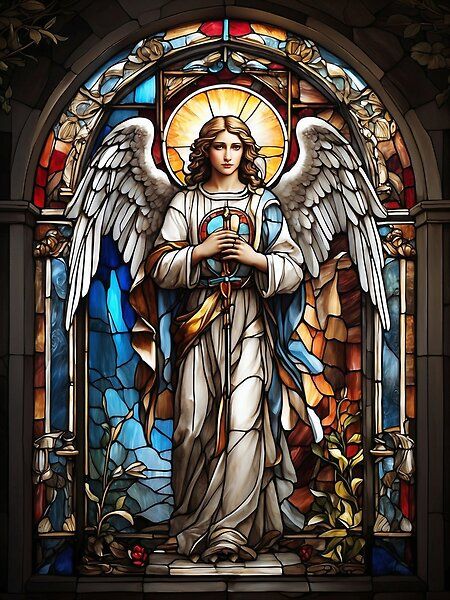 Christian Stained Glass Angel Catholic Stained Glass Art, Angel Stained Glass Art, Catholic Stained Glass Windows, Catholic Church Stained Glass, Stained Glass Religious, Kingfisher Painting, Stained Glass Church Windows, Stained Glass Angels, Stained Glass Artwork