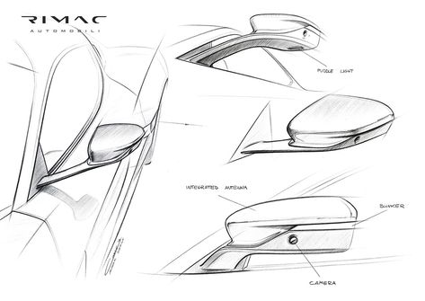 Rimac C_Two (2020) Official Press Sketches on Behance Industrial Design Drawing, Sketch Cars, Vehicle Drawing, Cars Sketch, Draw A Car, Side Mirror Car, Car Facts, Automotive Artwork, Hand Drawing Reference