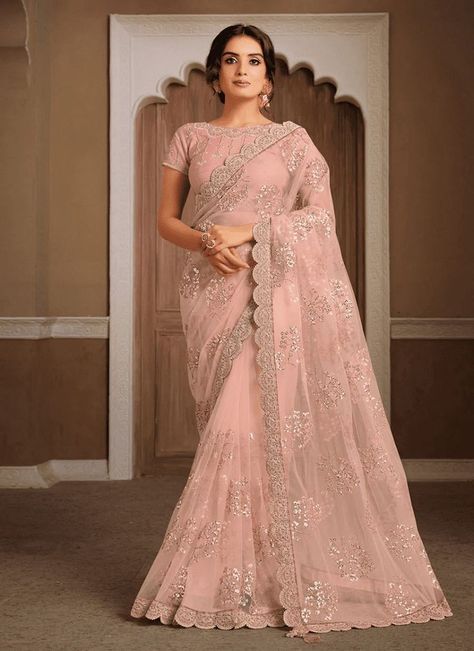 Net Designer Saree, Net Saree Designs, Pink Wedding Party, Net Saree Blouse Designs, Net Saree Blouse, New Sarees, Party Saree, Indian Wedding Lehenga, Indian Wedding Sarees