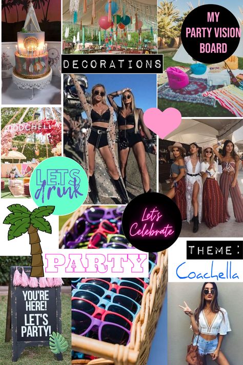 Coachella Themed Party Vision Board Coachella Vision Board, Cochella Theme Party Decoration, Festival Party Ideas Decorations, Coachella Bachelorette Party Decor, Coachella Inspired Party Decorations, Bachella Theme Party, Ibiza Party Ideas, Soiree Coachella, Coachella Decorations