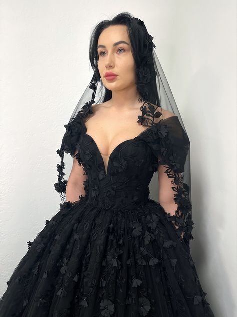 If your wedding is in 1-4 months, please choose express shipping! Made to order! Black floral corset gown. Skirt is made of floral 3D lace, bodice and shoulders decorated with matching lace. Corset has padding, boning and lacing. Hidden zipper closure.  Train length is about 1 meter long.  The dress comes with a tulle petticoat with no hoops. Style/model name - KLARA More info available on official website : sherbonclothing.com After you place the order, I will contact you and send the list of m Black Floral Corset, Lace Corset Wedding Dress, Gothic Wedding Theme, Dark Wedding Theme, Beaded Lace Wedding Dress, Corset Wedding Dress, Tulle Train, Black Wedding Gowns, Gothic Wedding Dress