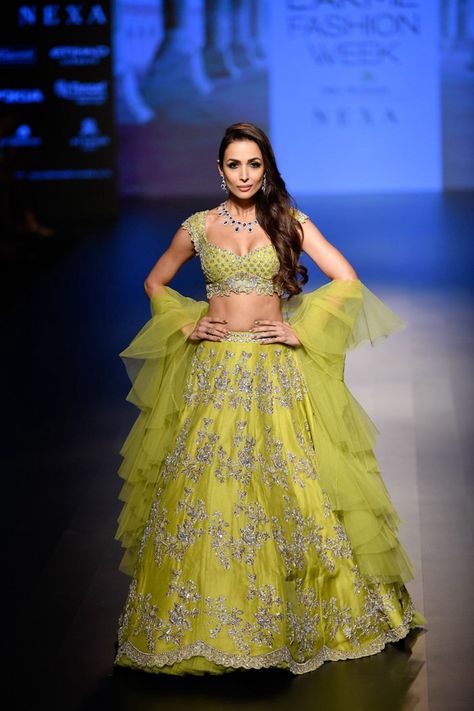 Malaika Arora in a lime green ruffles Anushree Reddy lehenga. #frugal2fab Lime Green Lehenga, Appliqué Flowers, Ruffle Trend, Anushree Reddy, Organza Lehenga, Half Saree Lehenga, Wedding Lehenga Choli, Lehnga Dress, Malaika Arora