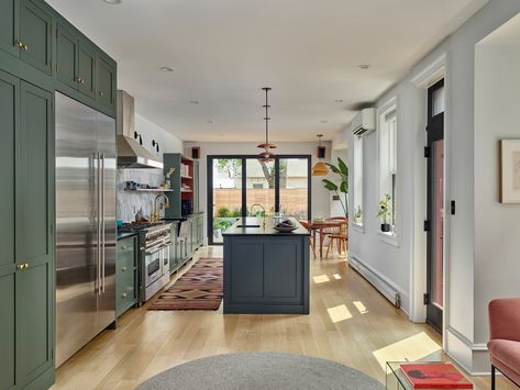 Fishtown Row - Transitional - Kitchen - Philadelphia - by Wyant Architecture | Houzz Open Galley Kitchen With Island, Transitional Exterior Home Design, Long Kitchen Layout, Wide Galley Kitchen, Galley Kitchen With Island, Transitional Exterior Home, Open Galley Kitchen, Transitional Kitchens, Outdoor Extension