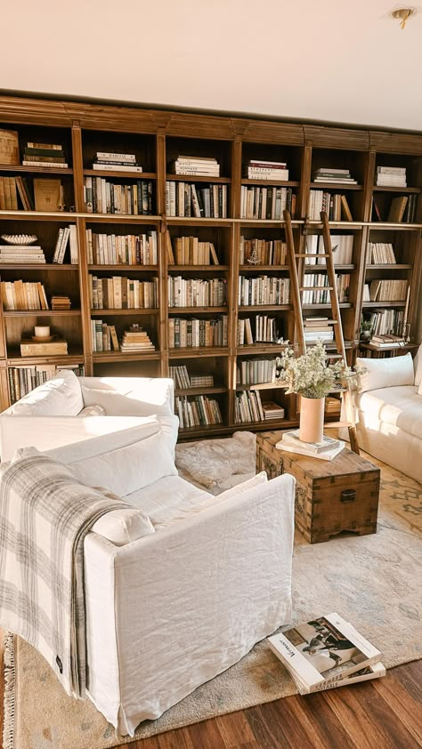 Hannah | Thistle Harvest (@thistle.harvest) • Instagram photos and videos Modern Cottage Library, Home Library Cottage, Book Room In House, Library Room Chairs, Bookshelf Room Decor, Basement Cottage Style, Library In Small Room, Modern Farmhouse Library Room, Cozy Library Living Room