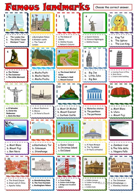 Geography For Preschoolers, Landmarks Of The World, World Landmarks, Geography Worksheets, Homeschool Geography, Social Studies Worksheets, Geography Lessons, World Geography, English Activities