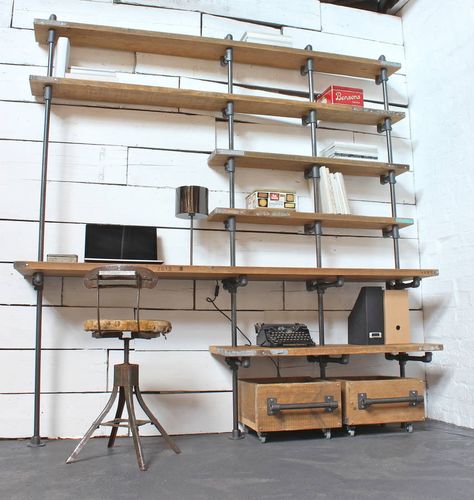 Are you interested in our reclaimed wood desk? With our scaffolding pipe shelving unit you need look no further. Industrial Desk Design, Industrial Shelves, Pipe Shelving, Storage Box On Wheels, Pipe Rack, Industrial Pipe Shelves, Scaffold Boards, Dark Steel, Wood Pipe