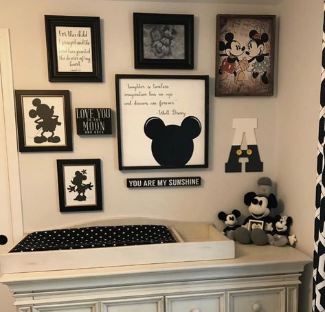 Black And White Disney Bedroom, Vintage Mickey Nursery Ideas, Neutral Mickey Mouse Nursery, Mickey Nursery Ideas, Vintage Mickey Nursery, Vintage Mickey Mouse Nursery, Mickey Toddler Room, Mickey Mouse Nursery Ideas, Modern Disney Nursery