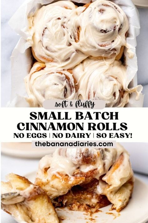 Ever just want one (or two) cinnamon rolls? These small batch cinnamon rolls are the perfect solution. Soft, fluffy, and so easy and quick to make. Plus you don't need any eggs nor dairy to make 4 perfectly delicious cinnamon rolls (and yes there's a gluten free option as well!). Gluten Free Egg Free Cinnamon Rolls, Gluten Free Banana Cinnamon Rolls, Cinnamon Rolls Homemade Dairy Free, Egg Free Cinnamon Roll Recipe, Small Batch Gluten Free Cinnamon Rolls, Egg Free Cinnamon Rolls, Gluten Free Vegan Cinnamon Rolls, Jordan Recipes, Cinnamon Rolls Gluten Free