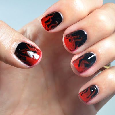 Flame nail design. Perfect flame manicure for Halloween. Red and Black polish. @gopolished Red And Black Nails Men, Red And Black Flame Nails, Red And Black Short Nails, Guy Nails, Male Nails, Opi Black, Flame Nail Art, Red Ombre Nails, Flame Nails