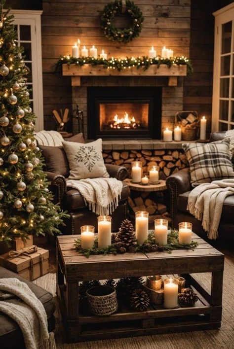 Warm Cozy Christmas Decor, Christmas Interior Decor Living Rooms, Christmas Interior Decor Ideas, Cozy Christmas Home Decor, Christmas Rustic Decor Ideas, Cabin Fall Decor, Farmhouse Xmas Decor, Cozy Rustic Home, Warm Cozy Christmas