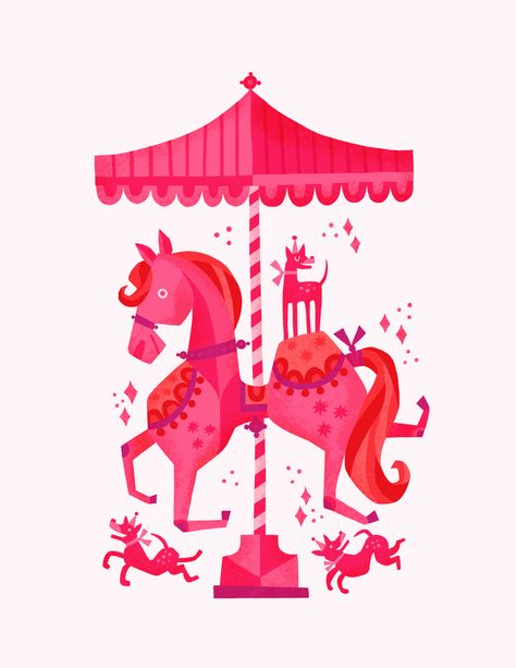 Denise Gallagher | Pink Carousel | Www.Workbook.com Carousel Illustration Design, Merry Go Round Illustration, Carousel Gif, Carousel Animation, Carousel Drawing, Carousel Illustration, Sunset Banner, Pink Carousel, Lettering Handwriting