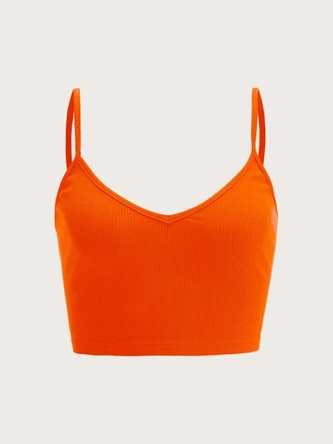 Solid Rib-knit Cami Top | SHEIN USA Girls Outwear, Tops Shein, Orange Crop Top, Orange Outfit, Orange Tank Top, Women Tank Tops, Orange Top, Orange Shirt, Crop Top Outfits