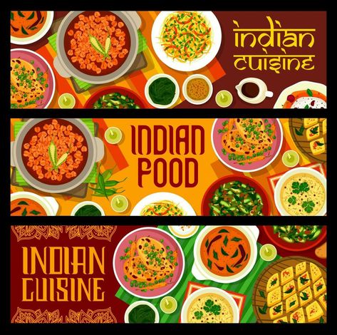 Indian spice food banners with Asian cuisine dish Indian Food Names, Indian Food Poster, Spice Food, Restaurant Indian, Food Banner, Food Branding, South Indian Food, Food Names, Cinema Posters