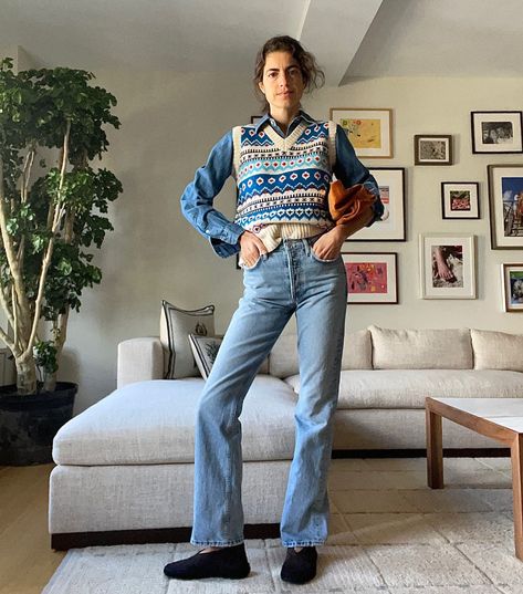 A million ways to wear a sweater vest - by Leandra Medine Cohen - The Cereal Aisle by Leandra Medine Cohen Ways To Wear A Sweater, Cereal Aisle, Leandra Medine Style, Illesteva Sunglasses, Sweater Vest Outfit, Vest Denim, Colorful Vest, Leandra Medine, Fishtail Skirt