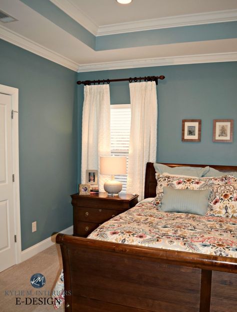 Kylie M E-design, Sherwin Williams Moody Blue and Interesting Aqua in bedroom with tray ceiling and beige carpet (2) Sherwin Williams Moody Blue, Bedroom Tray Ceiling, Bedroom With Tray Ceiling, White Curtains Bedroom, Bedroom Makeover Before And After, Bedroom Paint Colors Master, Bedroom Remodel, Dark Furniture, Ceiling Ideas