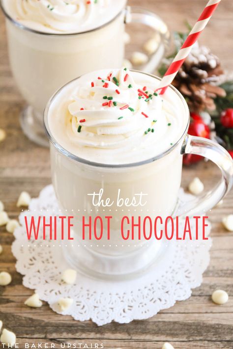 This homemade white hot chocolate is velvety smooth and so rich and delicious! from @bakerupstairs White Hot Chocolate Recipe, White Hot Chocolate, Hot Chocolate Bars, Chocolate Caliente, Winter Drinks, Hot Chocolate Recipes, Chocolate Drinks, White Hot, Holiday Drinks