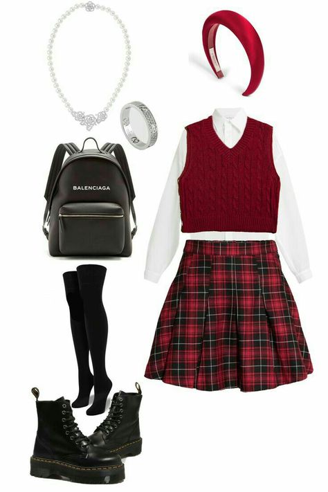 Red And White Outfit Casual, Red White And Black Outfits, Clueless Outfits Inspiration, Red Plaid Skirt Outfit, Heart Outfit, Clueless Outfits, Blair Waldorf, Looks Chic, Kpop Fashion Outfits